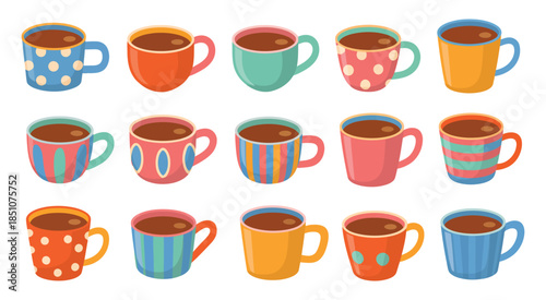 Colorful Patterned Coffee Mugs on White Background for Creative Kitchen Illustrations, Cafe Branding, Hot Beverage Designs