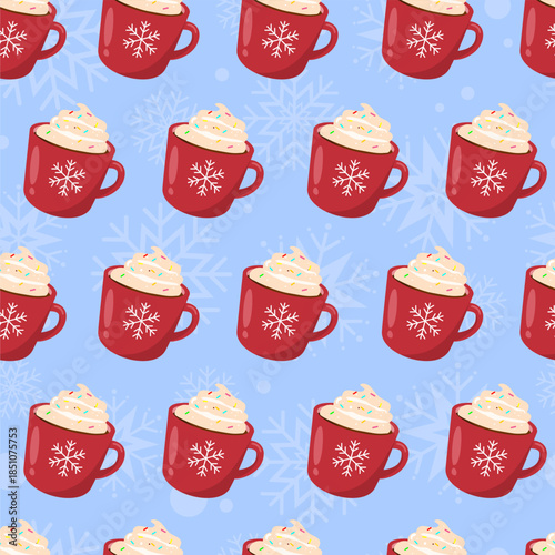 A hot chocolate with whipped cream seamless pattern. Warm and delicious drink. Can be used for wallpaper, paper wrapping and fashion fabric
