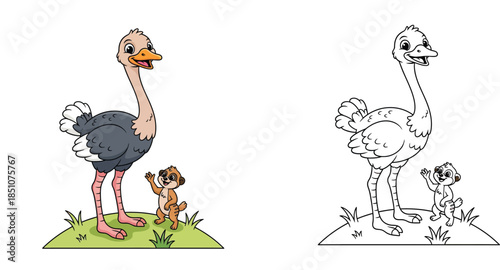 Cute cartoon ostrich and meerkat friends vector illustration featuring a large bird and small mammal standing on green grass and smiling
