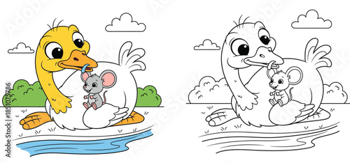 Cute cartoon goose and little mouse friends vector illustration featuring a large bird caring for a small rodent near a river in nature