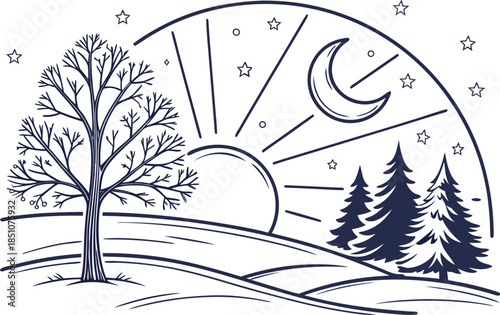 Winter Equinox Seasonal Nature Illustration. Winter Solstice and Equinox Nature Design. Winter Equinox Astronomical Event Artwork. Seasonal Winter Equinox Nature Concept. Winter Equinox Day and Night