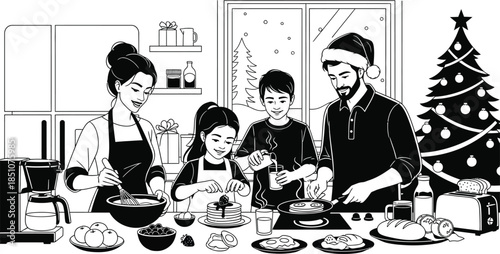Family baking Christmas treats together in cozy kitchen