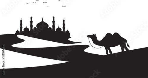 Silhouette of a camel walking through the desert at night with a mosque in the background under 