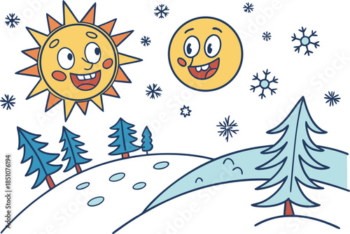 Winter Equinox Seasonal Nature Illustration. Winter Solstice and Equinox Nature Design. Winter Equinox Astronomical Event Artwork. Seasonal Winter Equinox Nature Concept. Winter Equinox Day and Night