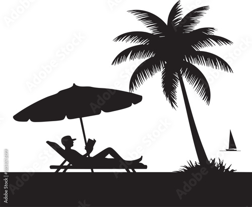 Silhouette of person reading on beach chair under umbrella near palm tree against clean white background