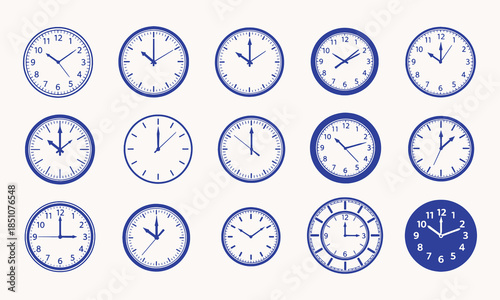 Collection of Blue Analog Clocks Showing Different Times white