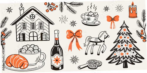 Festive winter illustration featuring a cozy house treats and holiday decorations