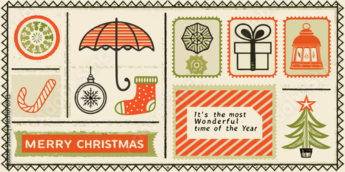 A collection of vintage christmas themed illustrations in a postage stamp style