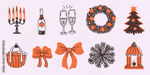 Festive holiday illustrations including candles champagne wreaths and christmas trees