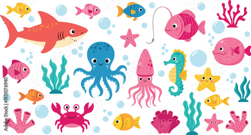 Flat Cartoon Underwater Sea Creature Vector Set for Kids Aquarium Ocean and Marine Designs