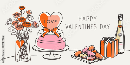 A romantic valentine s day scene with flowers cake champagne and macarons