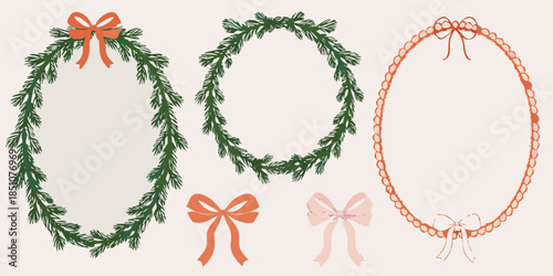 Festive holiday wreaths and bows in soft illustrative watercolor style