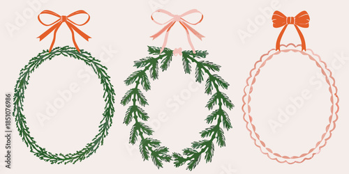 Festive holiday wreaths with bows in varying styles and designs