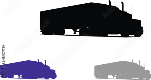 A comprehensive set of black truck silhouette vector icons featuring various transport vehicles and construction machinery like tractors, cranes, and bulldozers for industrial transportation illustrat