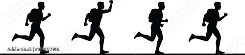 Running man silhouette sequence with backpack showing motion progress determination fitness journey success isolated black white illustration concept