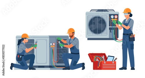 Professional HVAC team installing and repairing air conditioner