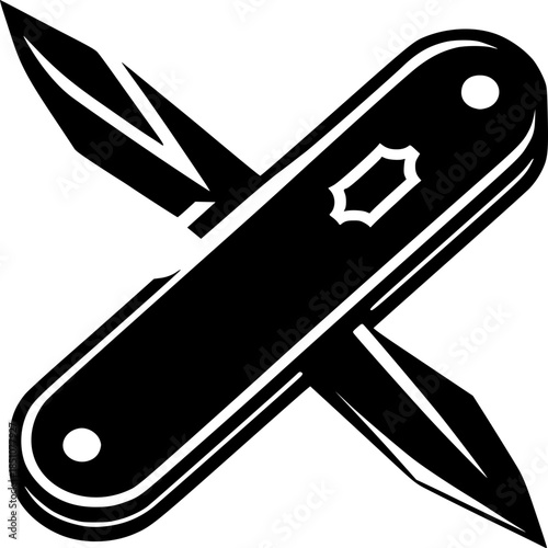 Swiss Army Knife Icon: A close-up, monochromatic depiction of a Swiss Army knife. Its multi-functional tools are open and crossed, symbolizing readiness and versatility. It showcases classic design.