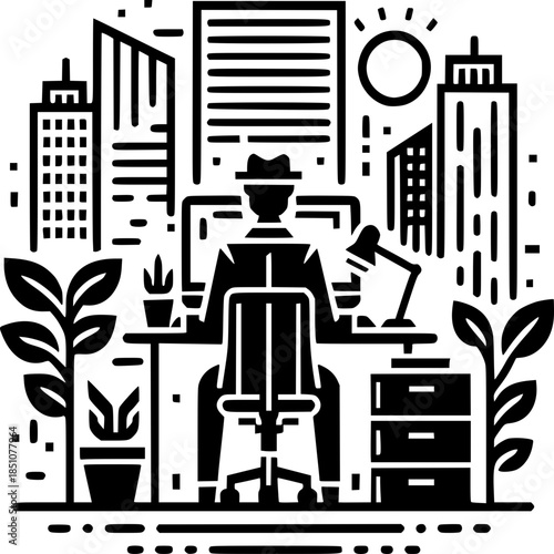 Urban Workspace: A focused individual is shown engrossed in work at desk, surrounded by the hustle and vibrancy of a city, blending professional life and the urban landscape.