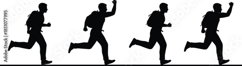 Running man silhouette sequence, showing determination movement journey backpack hiker runner success motivation progress isolated black white background concept illustration