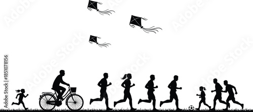 People running and cycling silhouettes with flying kites, outdoor family activity concept, childhood freedom, healthy lifestyle, movement, joy, together, fun