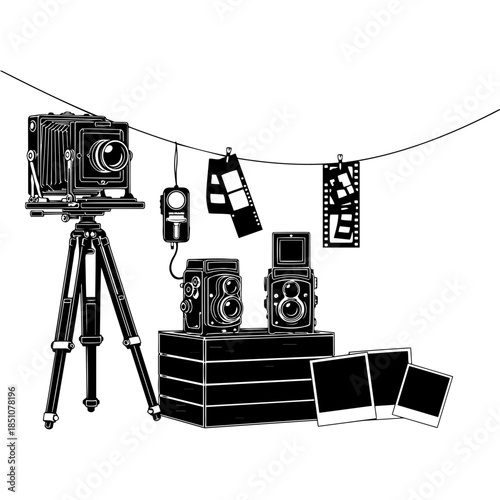 Vintage photography studio equipment featuring an old bellows camera on a tripod film strips and darkroom accessories in a detailed black and white silhouette vector graphic illustration art.