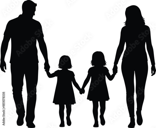 Parents walking with two daughters silhouettes, happy family concept, love bonding, parenthood lifestyle, care, unity, togetherness