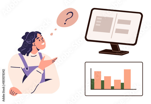 Woman contemplating data with a question mark in thought bubble, computer screen, and bar graph. Ideal for analytics, education, problem-solving, strategy, decision-making, brainstorming insight