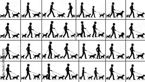 Dog walking silhouettes pattern, man walking dogs repeatedly, pet care service concept, animal companionship, daily routine, outdoor lifestyle