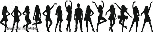 Group of dancing people silhouettes, men and women posing, party celebration concept, modern lifestyle, nightlife, freedom, energy, teamwork