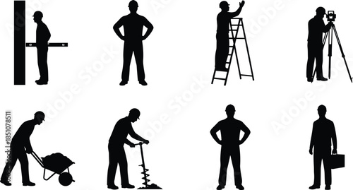 Collection of black construction worker silhouettes, builders, engineers, surveyor with tripod, man on ladder, manual labor, isolated vector illustration set.