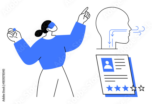 Woman pointing at abstract concepts of user profile, feedback rating, and voice flow. Ideal for communication, customer service, user experience, evaluation, presentation, profiles and feedback