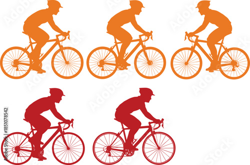 Cycling sport silhouette set featuring road bicycle riders in orange and red colors shown in dynamic racing positions isolated on white background for sports and fitness design