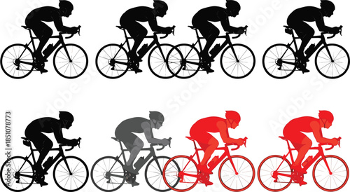 Cyclist racing silhouette collection featuring road bike riders in different colors and dynamic riding poses illustrated in clean flat vector style isolated on white background