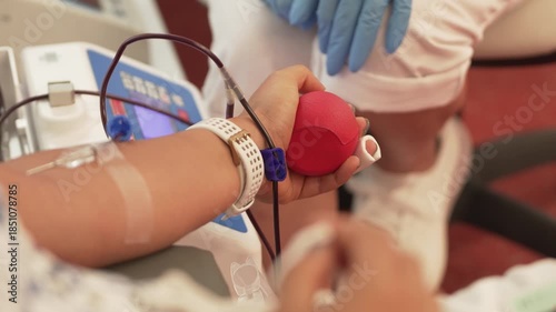Blood donor pumps the special ball at the blood donation