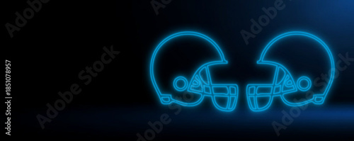 Neon Football Rivalry: Glowing Helmets Concept Art, Digital Sports Matchup: Cyberpunk American Football Background, Futuristic Gridiron Duel: Blue Neon Helmet Line Art