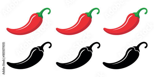 Hot Chili Pepper Icons Vector – Red and Black Silhouette for Spicy Food and Mexican Cuisine