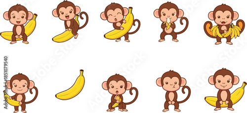 Funny Monkey Cartoon Vector Collection with Banana Poses for Kids Nursery and Animal Designs