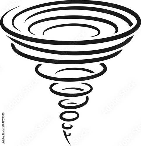 Abstract tornado vortex illustration featuring swirling spiral wind funnel, natural disaster symbol, dynamic motion lines, and minimal black vector design