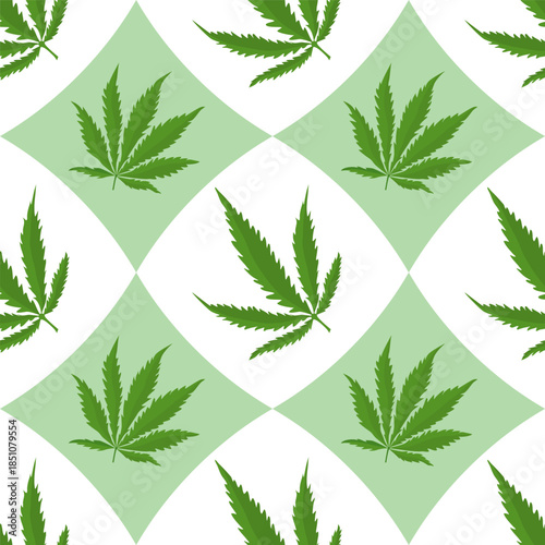 Vector seamless pattern with green cannabis leaves arranged in a geometric diamond grid on a light background, suitable for packaging, textiles, and medical design.