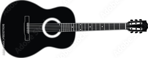 Acoustic guitar silhouette illustration isolated on white background, classic string musical instrument design for music education, performance, and creative artwork concepts