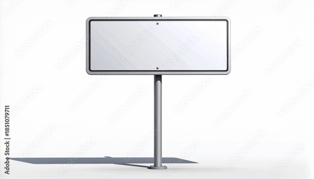 Obraz premium Blank white road sign with metal frame on a pole, isolated on white background with shadow. Empty signboard for text or message, 3D rendering.