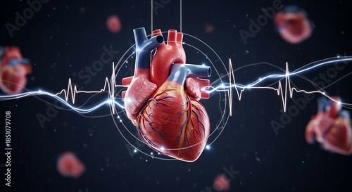 Human heart anatomy with glowing ECG signal showing cardiac rhythm and heartbeat on a dark futuristic background, representing cardiology, health, and medical technology.