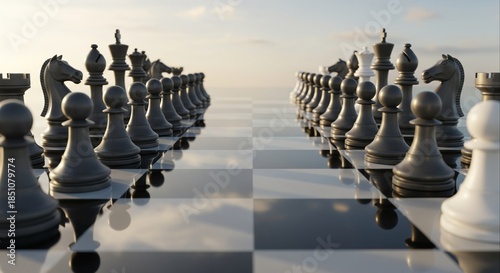 Chess game setup ready for the start of the battle, featuring black and white pieces on a reflective board against a bright sky background in a conceptual 3D render.