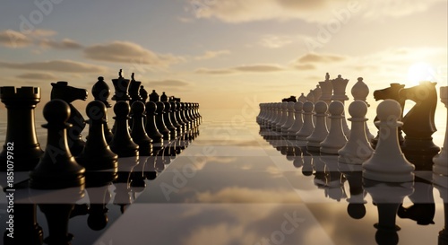 Epic Chess Match Setup at Sunset on Reflective Board, Showing Black and White Pieces Silhouetted Against the Dramatic Sky