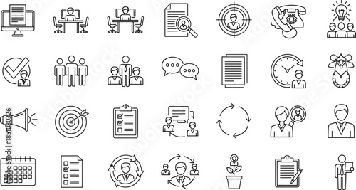 Business communication and workflow line icon set with office team management documents planning support and collaboration outline illustration