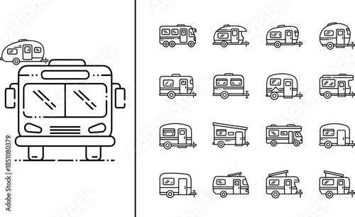 Camper van and travel trailer line icon set featuring motorhomes, caravans, RV vehicles, and mobile camping transport illustrations