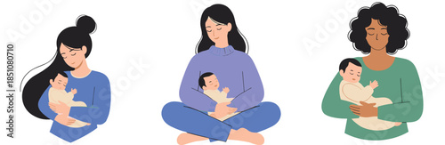 Mother and Baby Bonding Illustration Set Showing Breastfeeding and Care in Soft Flat Cartoon Vector Style