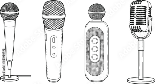 Microphone Outline Icons Set with Vintage and Modern Audio Recording Mics in Line Art Vector Illustration Style