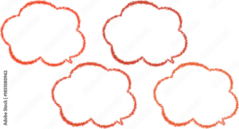 Fototapeta premium 少しずつ異なった色の雲の形をした吹き出しセット。オレンジ色、黄色、１枚に４色ある吹き出し。クレヨンで描いたようなふきだし。