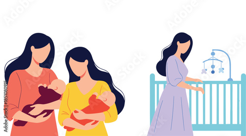 Mother and Baby Care Illustration Set with Breastfeeding and Nursery Crib Scenes in Flat Vector Style